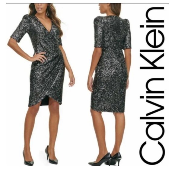 NWT Calvin Klein Women's Size 6 Bkack Short Sleeve Sequin Sheath Cocktail Dress - Picture 11 of 11